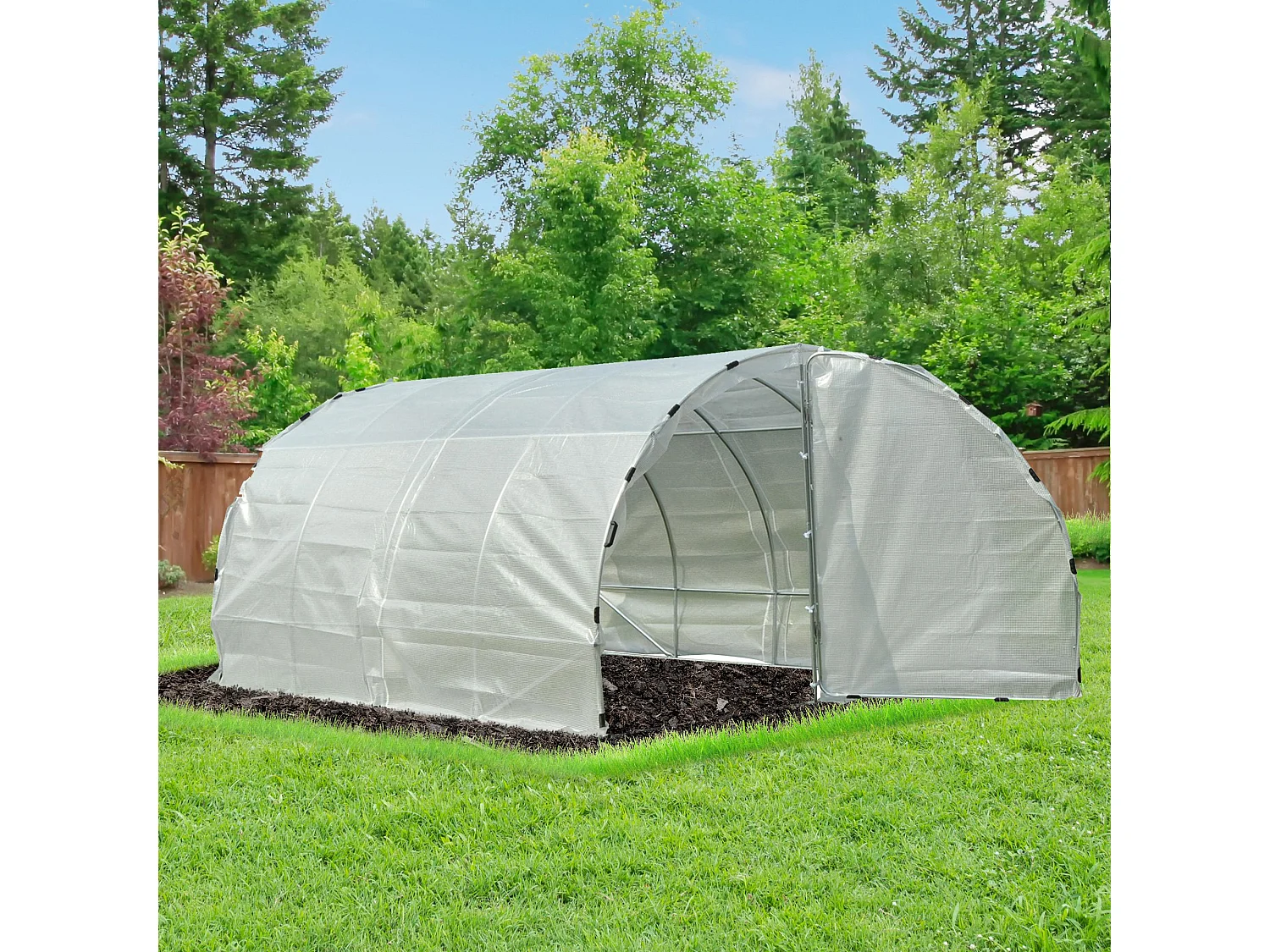 Serre de jardin tunnel surface sol 12 m² 4L x 3l x 2H m châssis tubulaire renforcé 25 mm double porte avec poignées blanc