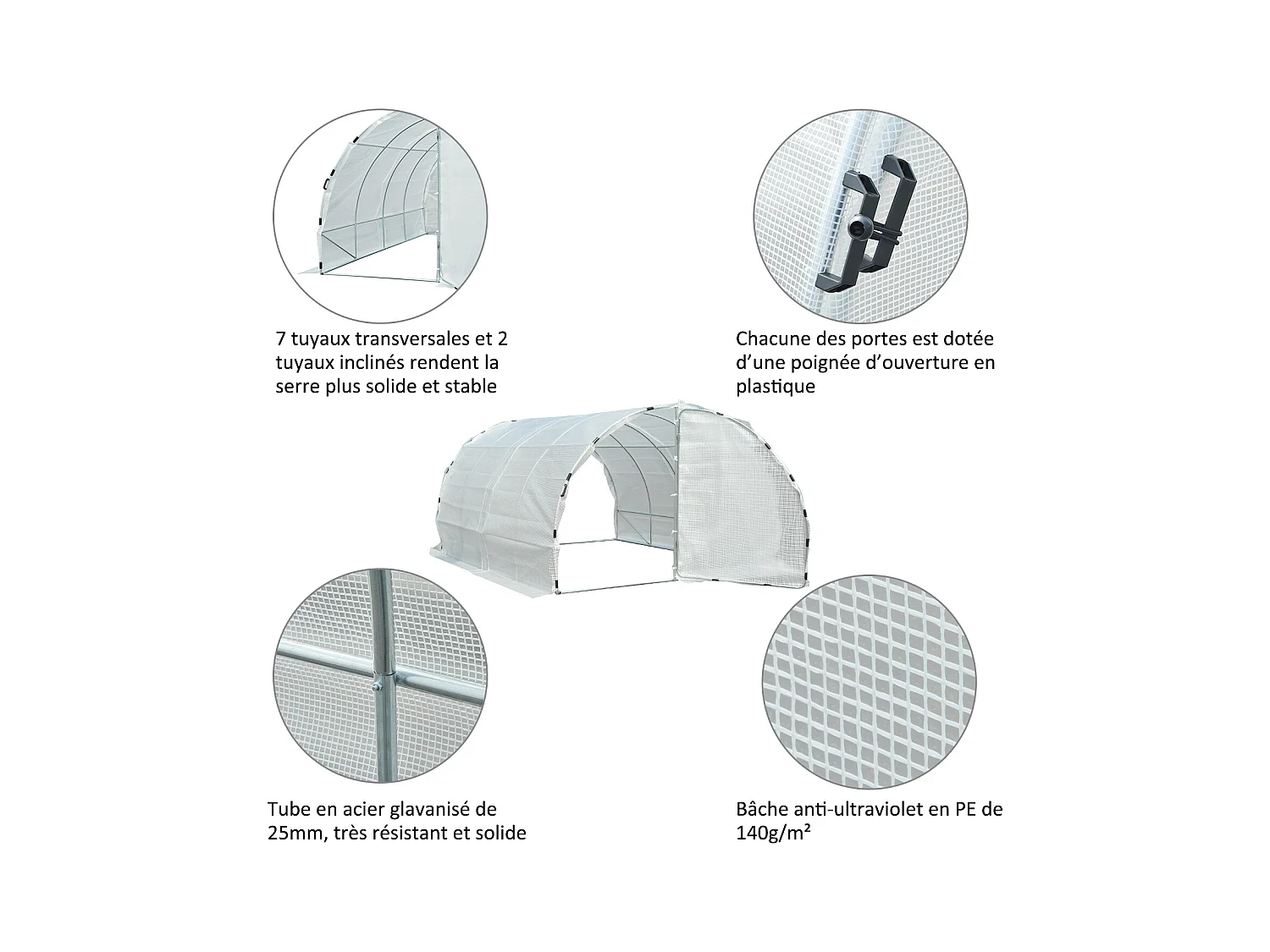 Serre de jardin tunnel surface sol 12 m² 4L x 3l x 2H m châssis tubulaire renforcé 25 mm double porte avec poignées blanc
