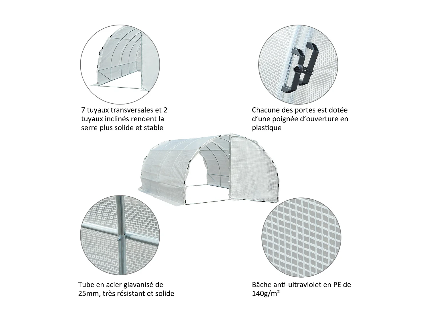 Serre de jardin tunnel surface sol 12 m² 4L x 3l x 2H m châssis tubulaire renforcé 25 mm double porte avec poignées blanc