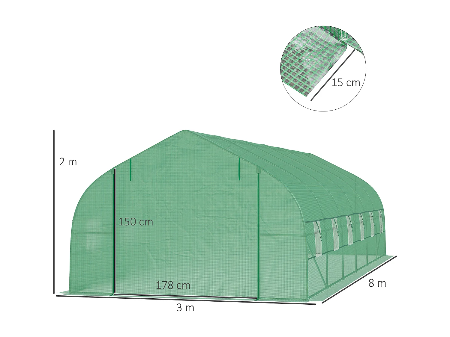 Serre tunnel grande taille 24 m² châssis tubulaire acier galvanisé renforcé 2,4 cm 12 fenêtres 1 porte vert