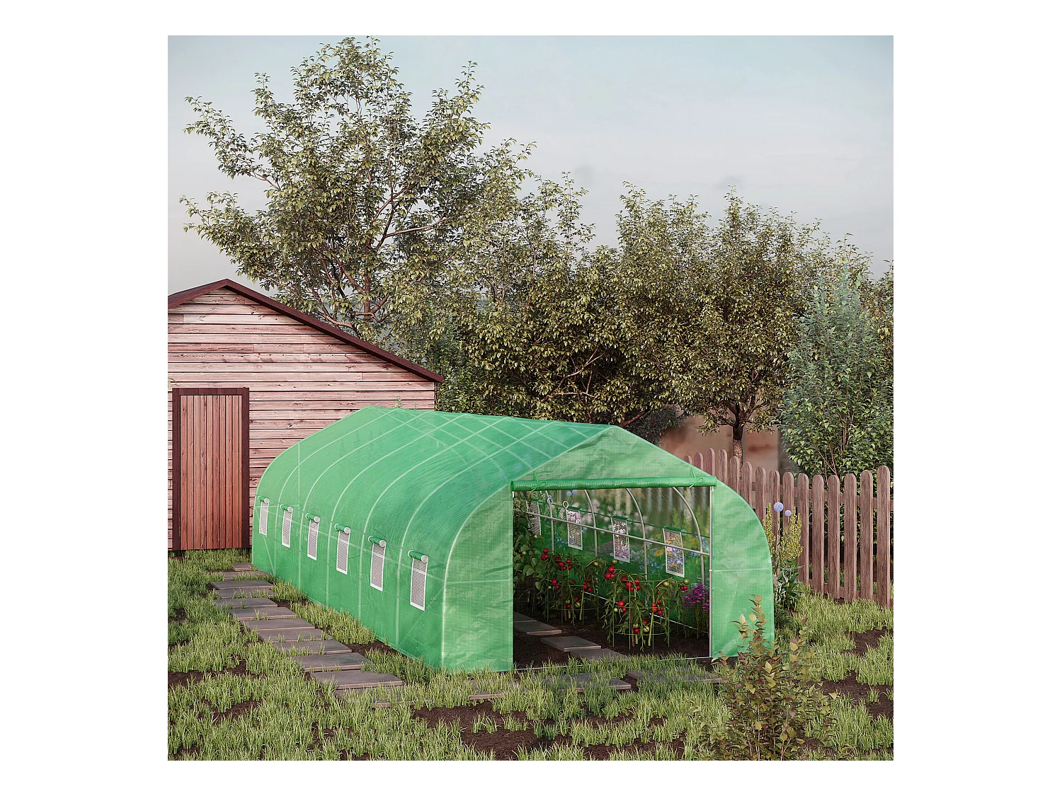Serre tunnel grande taille 24 m² châssis tubulaire acier galvanisé renforcé 2,4 cm 12 fenêtres 1 porte vert
