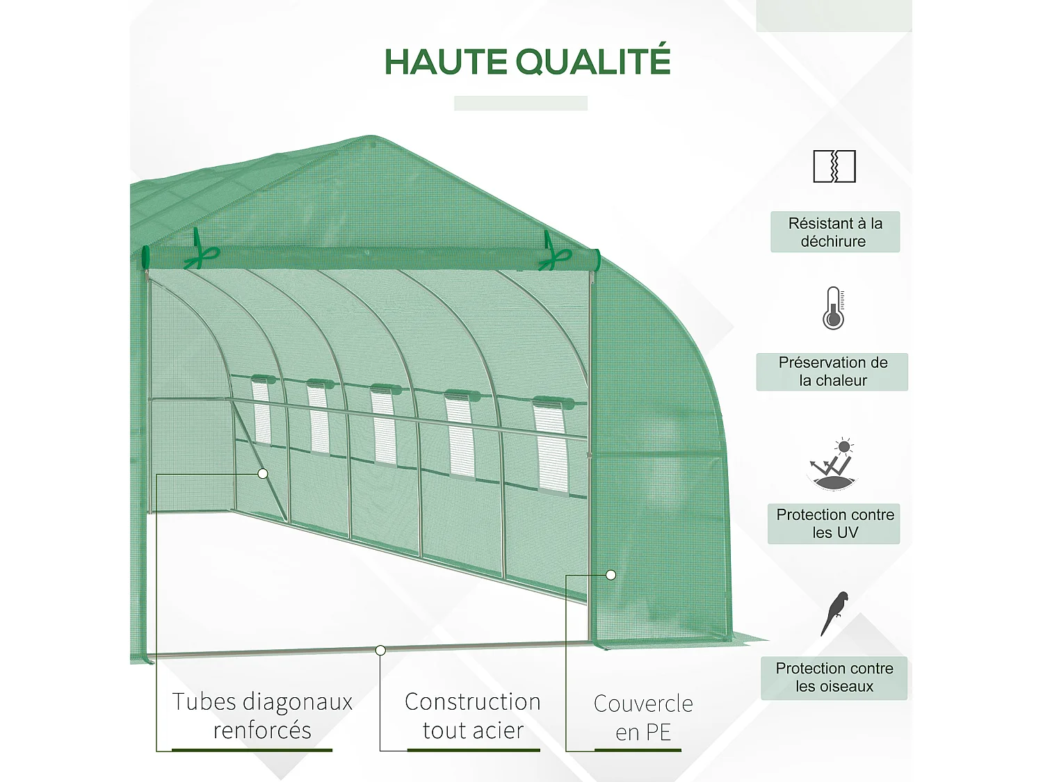 Serre tunnel grande taille 24 m² châssis tubulaire acier galvanisé renforcé 2,4 cm 12 fenêtres 1 porte vert