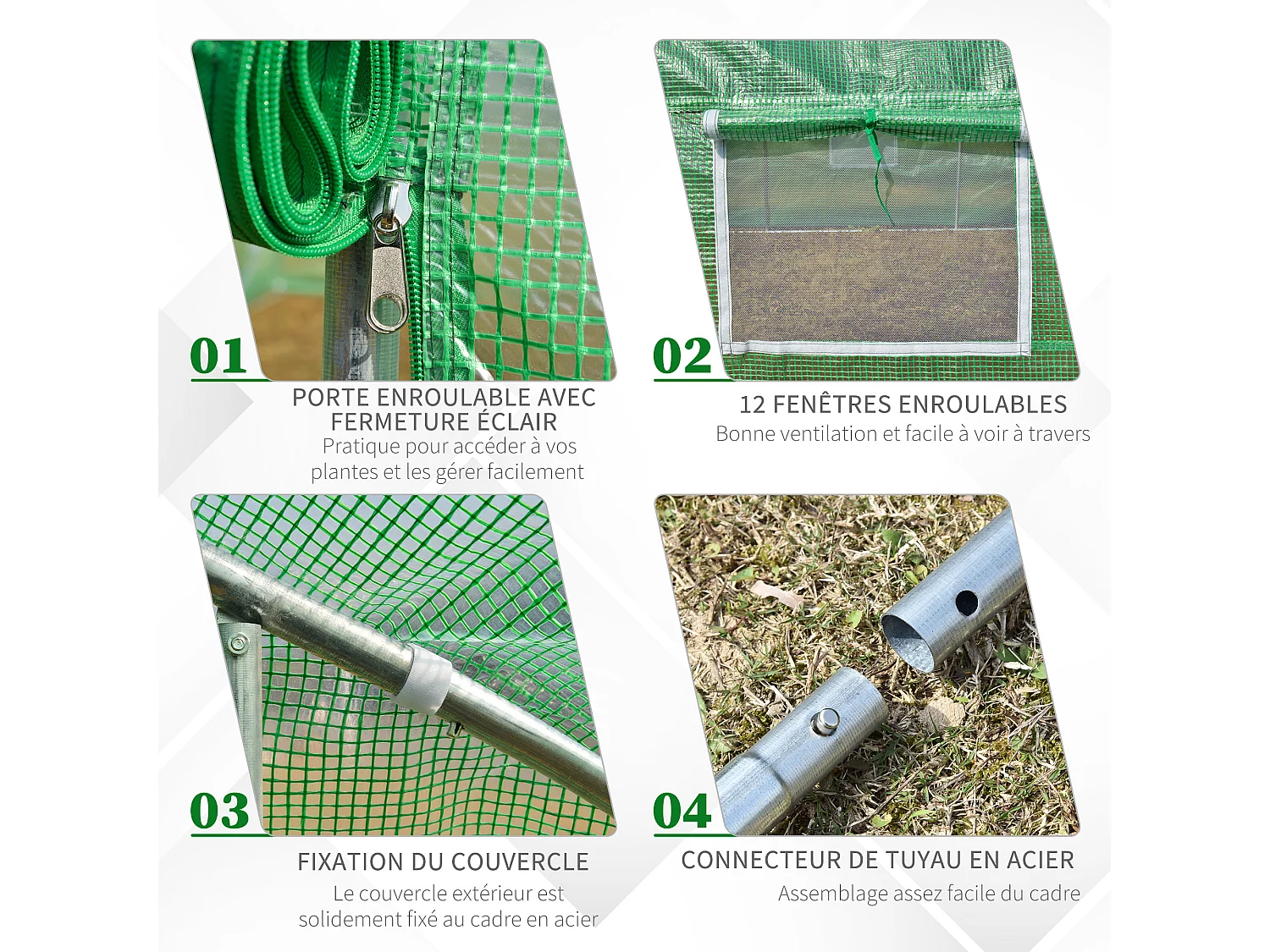 Serre tunnel grande taille 24 m² châssis tubulaire acier galvanisé renforcé 2,4 cm 12 fenêtres 1 porte vert