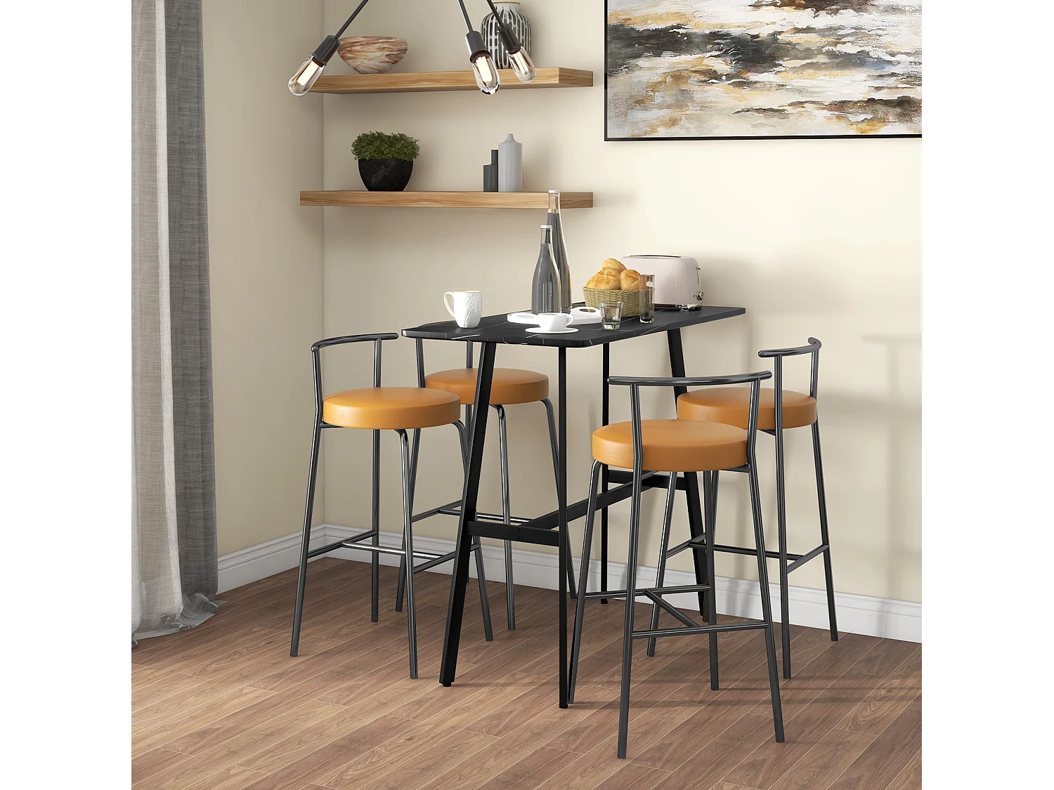 Table de bar - table mange debout - dim. 118L x 58l x 98H cm - châssis piètement acier noir plateau aspect marbre noir veiné blanc