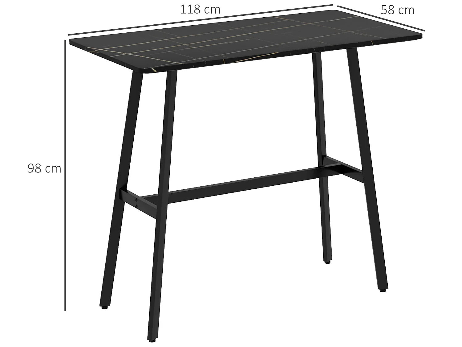 Table de bar - table mange debout - dim. 118L x 58l x 98H cm - châssis piètement acier noir plateau aspect marbre noir veiné blanc