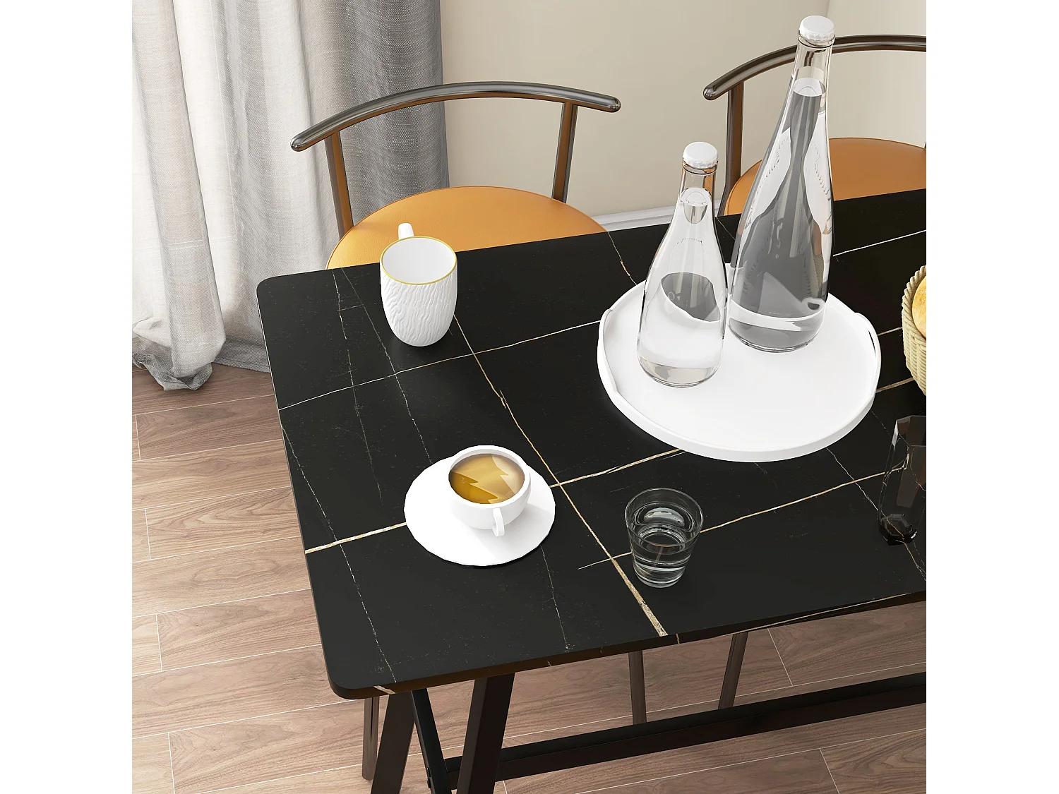 Table de bar - table mange debout - dim. 118L x 58l x 98H cm - châssis piètement acier noir plateau aspect marbre noir veiné blanc