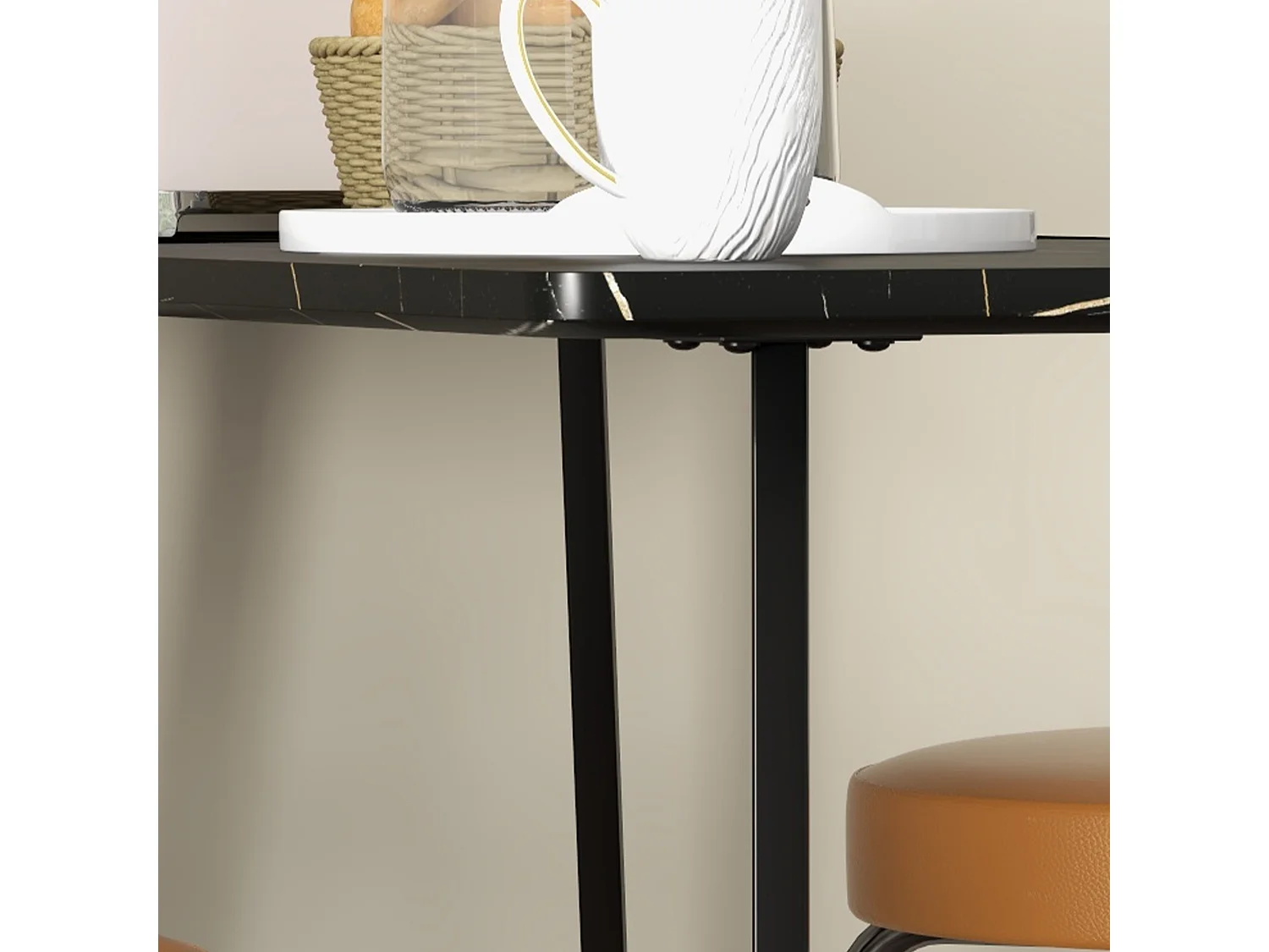 Table de bar - table mange debout - dim. 118L x 58l x 98H cm - châssis piètement acier noir plateau aspect marbre noir veiné blanc