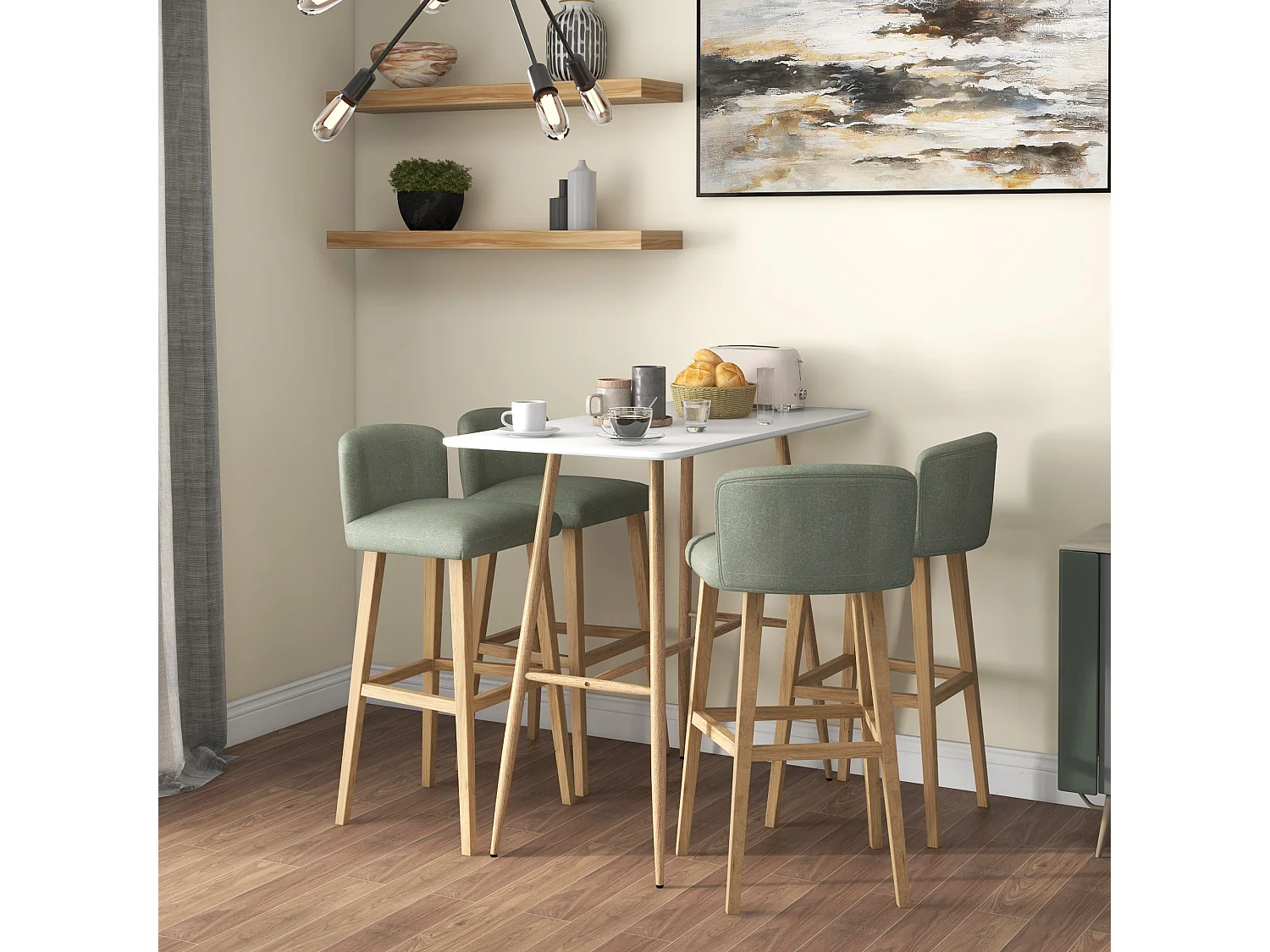 Table de bar rectangulaire style scandinave - dim. 120L x 60l x 98H cm - châssis piètement acier aspect bois plateau MDF blanc