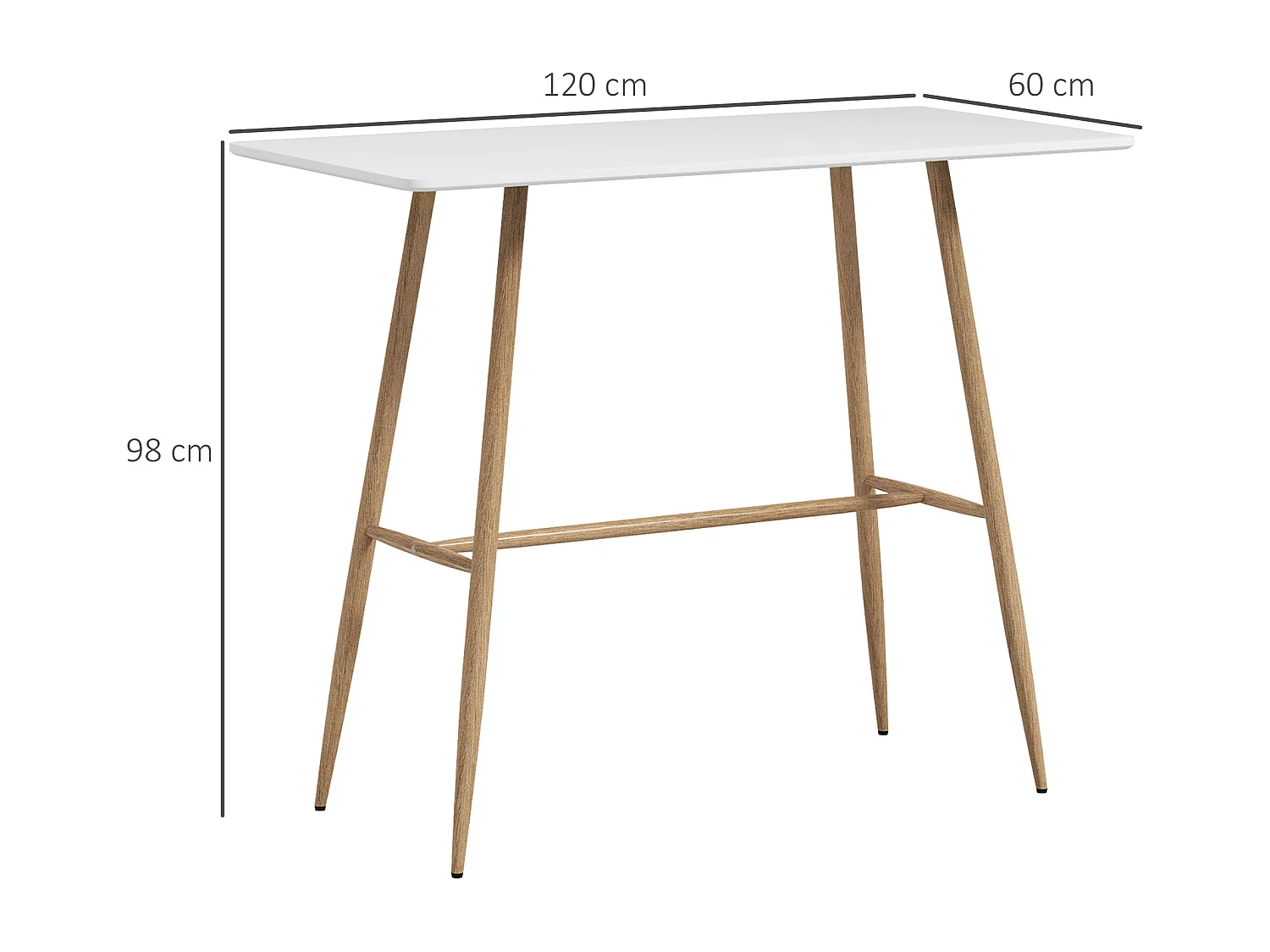 Table de bar rectangulaire style scandinave - dim. 120L x 60l x 98H cm - châssis piètement acier aspect bois plateau MDF blanc