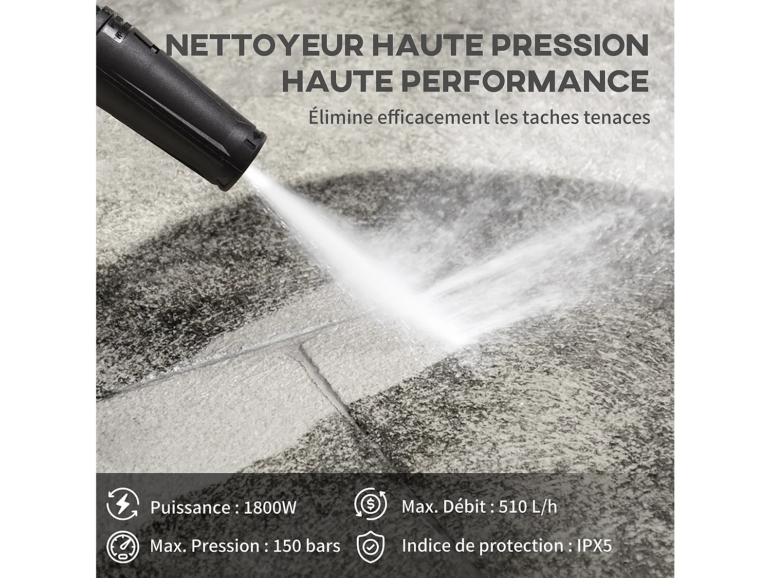 Nettoyeur haute pression 1800 W - 150 bars max. - 510 l/h max. - 2 roues - PP bleu noir