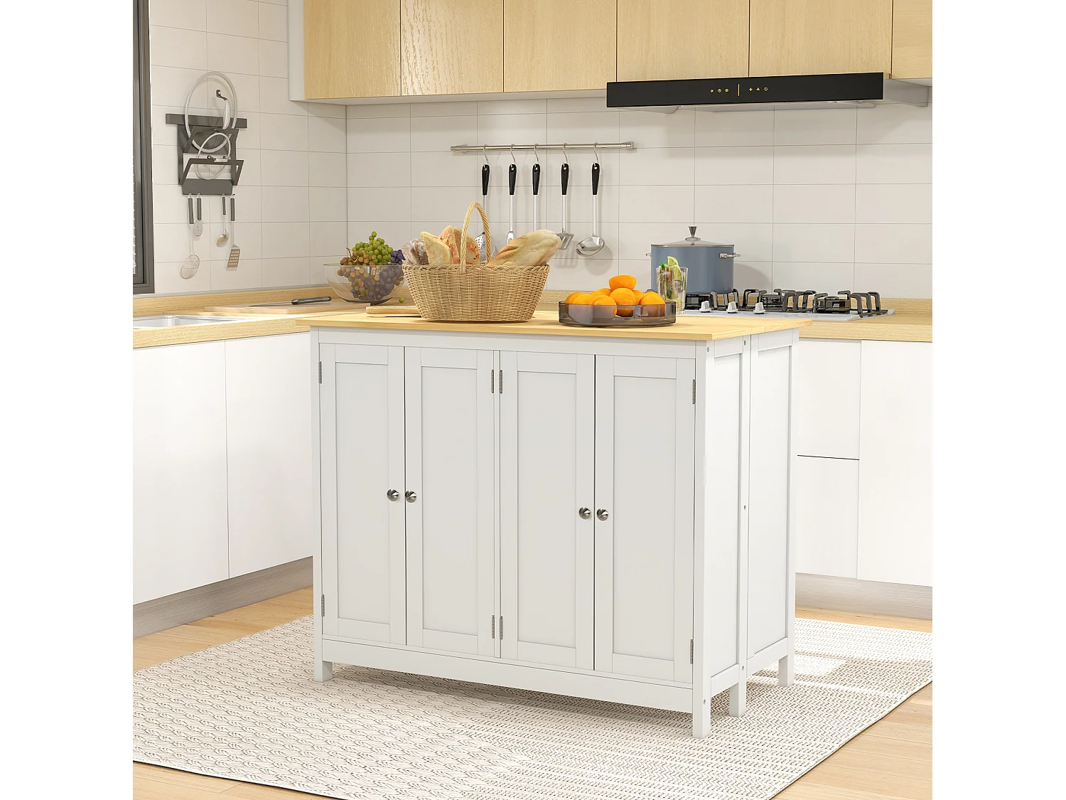 Ensemble îlot central de cuisine avec 2 tabourets de bar - 4 portes, 2 étagères - plateau, pans rabattable - MDF blanc chêne clair verni