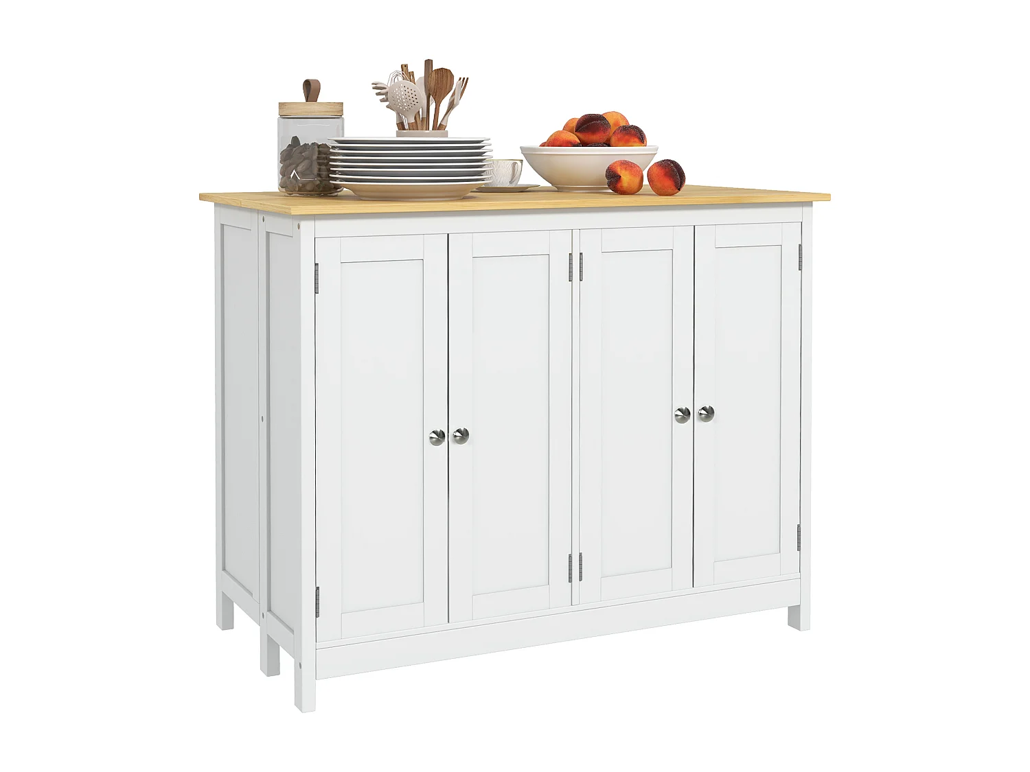 Ensemble îlot central de cuisine avec 2 tabourets de bar - 4 portes, 2 étagères - plateau, pans rabattable - MDF blanc chêne clair verni