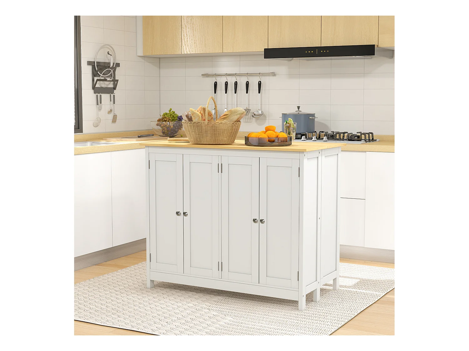 Ensemble îlot central de cuisine avec 2 tabourets de bar - 4 portes, 2 étagères - plateau, pans rabattable - MDF blanc chêne clair verni