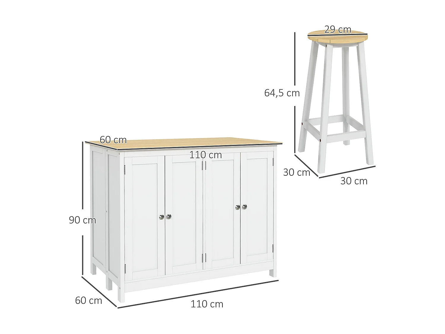 Ensemble îlot central de cuisine avec 2 tabourets de bar - 4 portes, 2 étagères - plateau, pans rabattable - MDF blanc chêne clair verni
