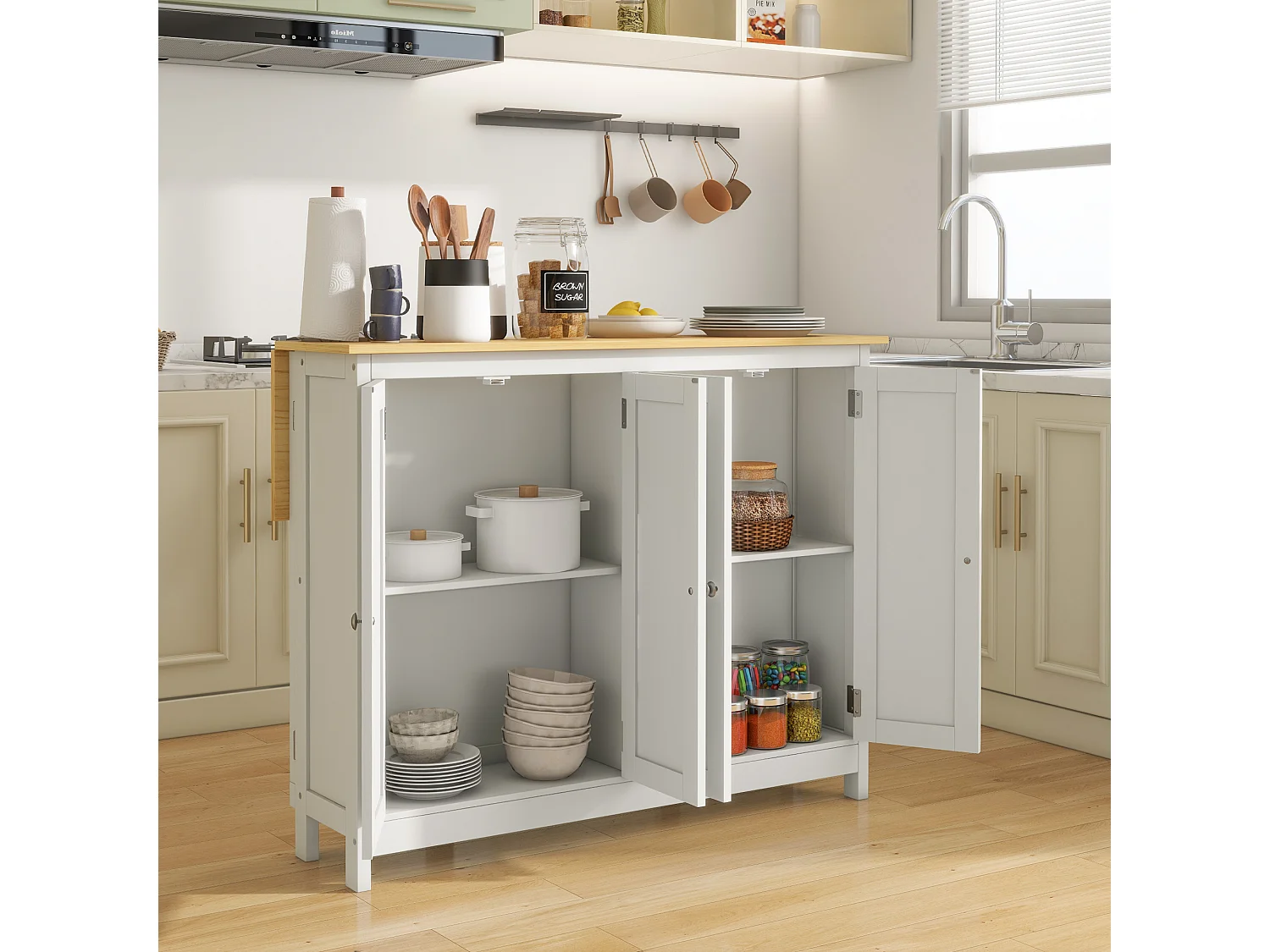 Ensemble îlot central de cuisine avec 2 tabourets de bar - 4 portes, 2 étagères - plateau, pans rabattable - MDF blanc chêne clair verni