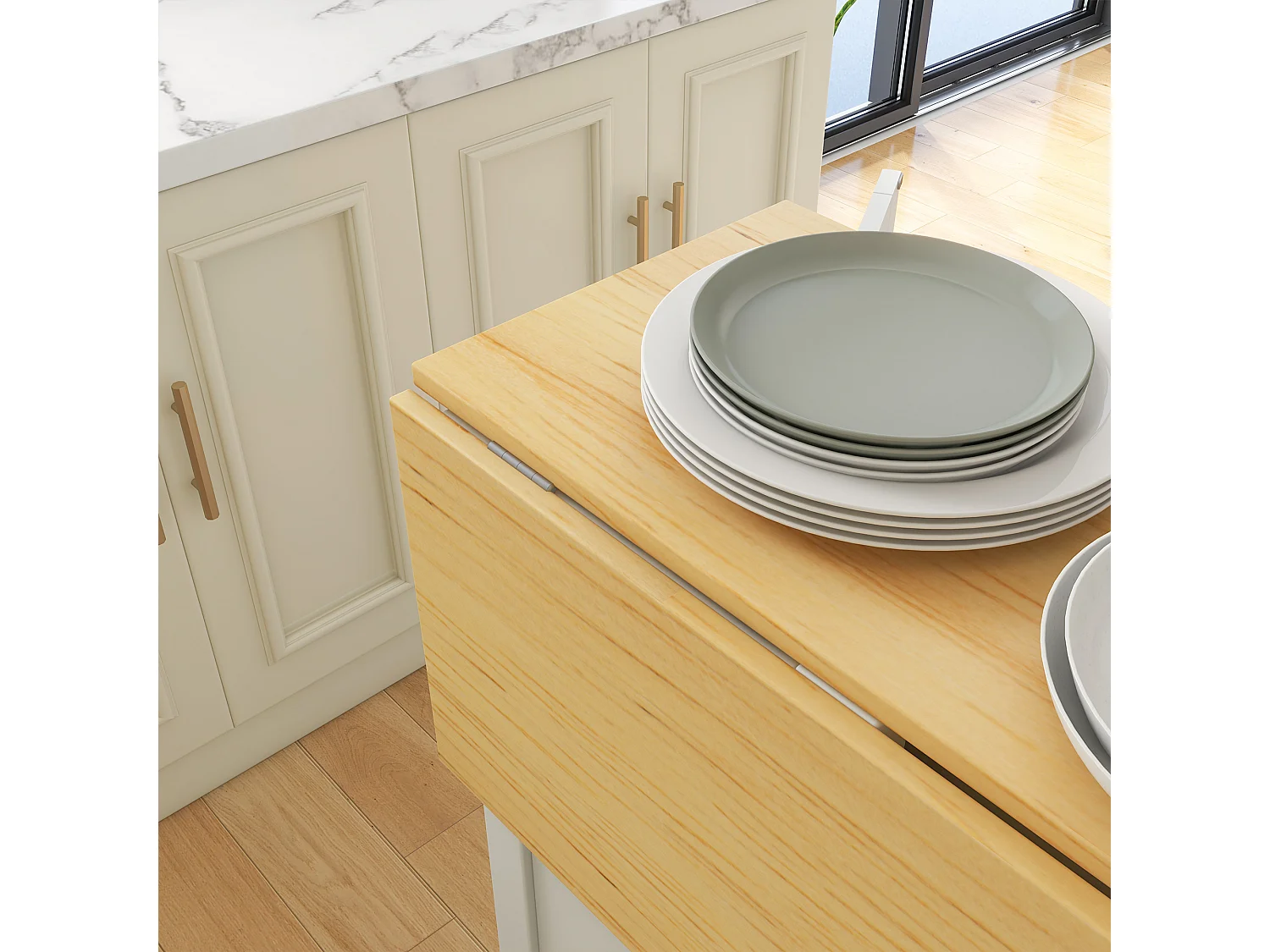 Ensemble îlot central de cuisine avec 2 tabourets de bar - 4 portes, 2 étagères - plateau, pans rabattable - MDF blanc chêne clair verni