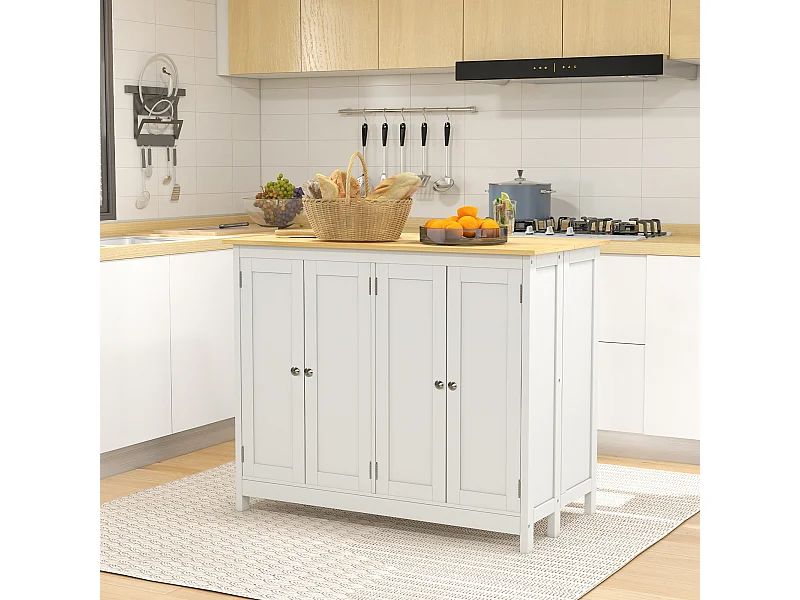 Ensemble îlot central de cuisine avec 2 tabourets de bar - 4 portes, 2 étagères - plateau, pans rabattable - MDF blanc chêne clair verni