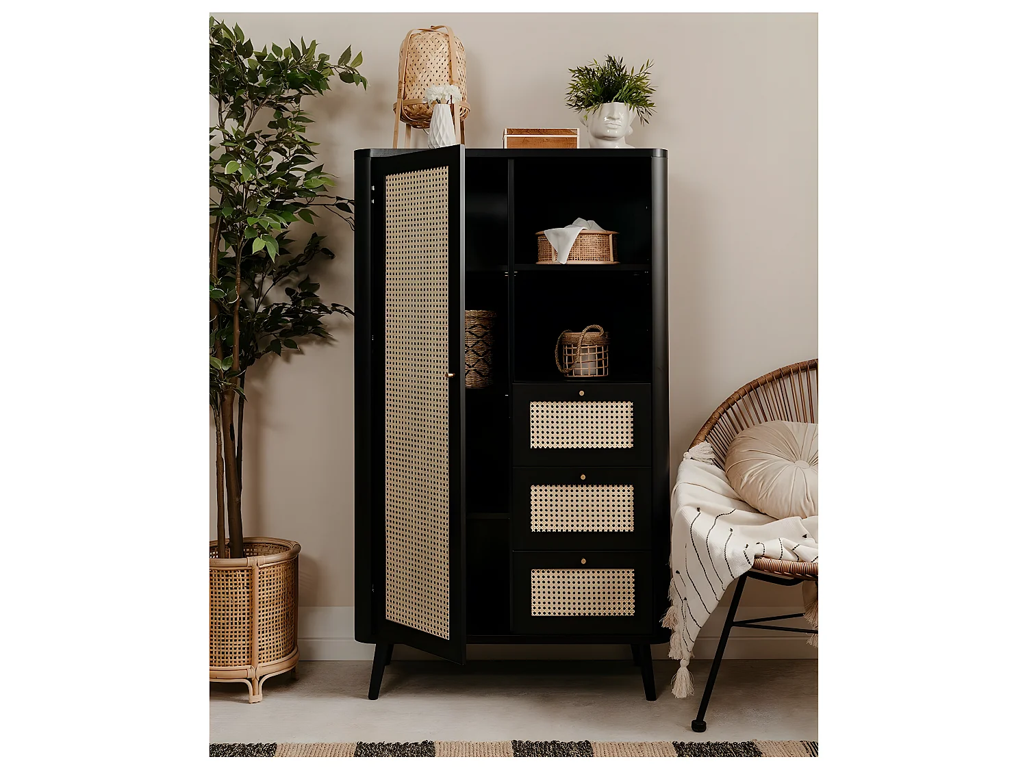 Comò alto a 1 anta e 3 cassetti KUTA - H141 cm