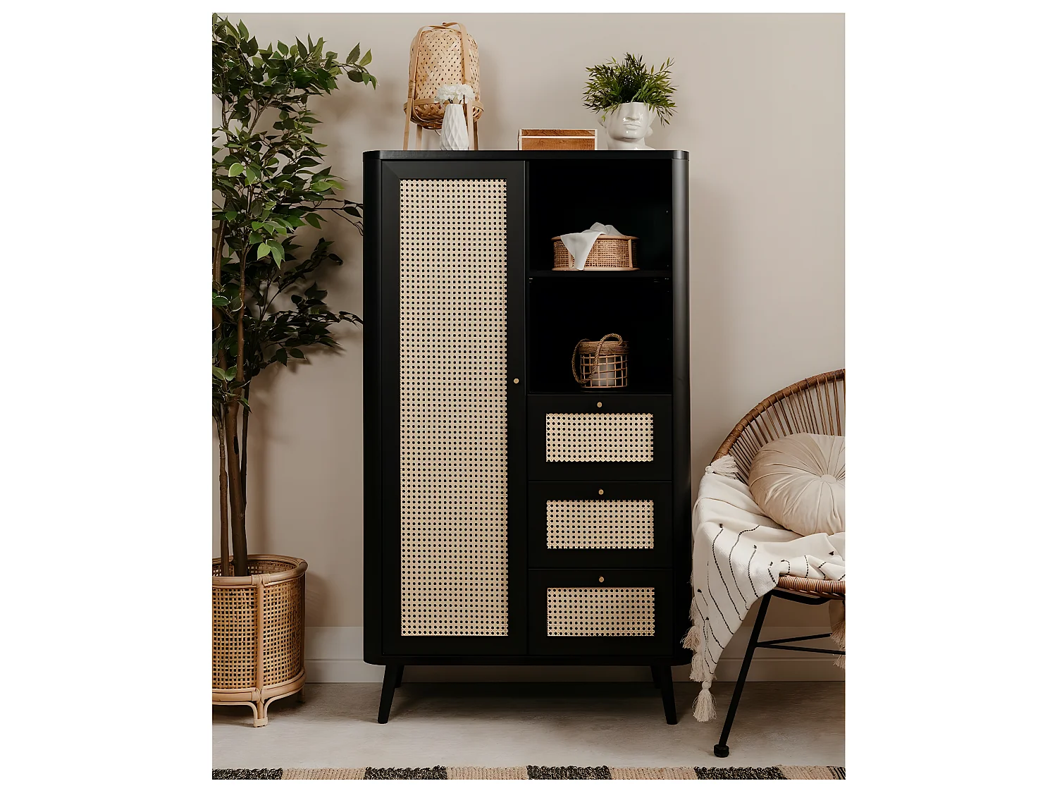 Comò alto a 1 anta e 3 cassetti KUTA - H141 cm