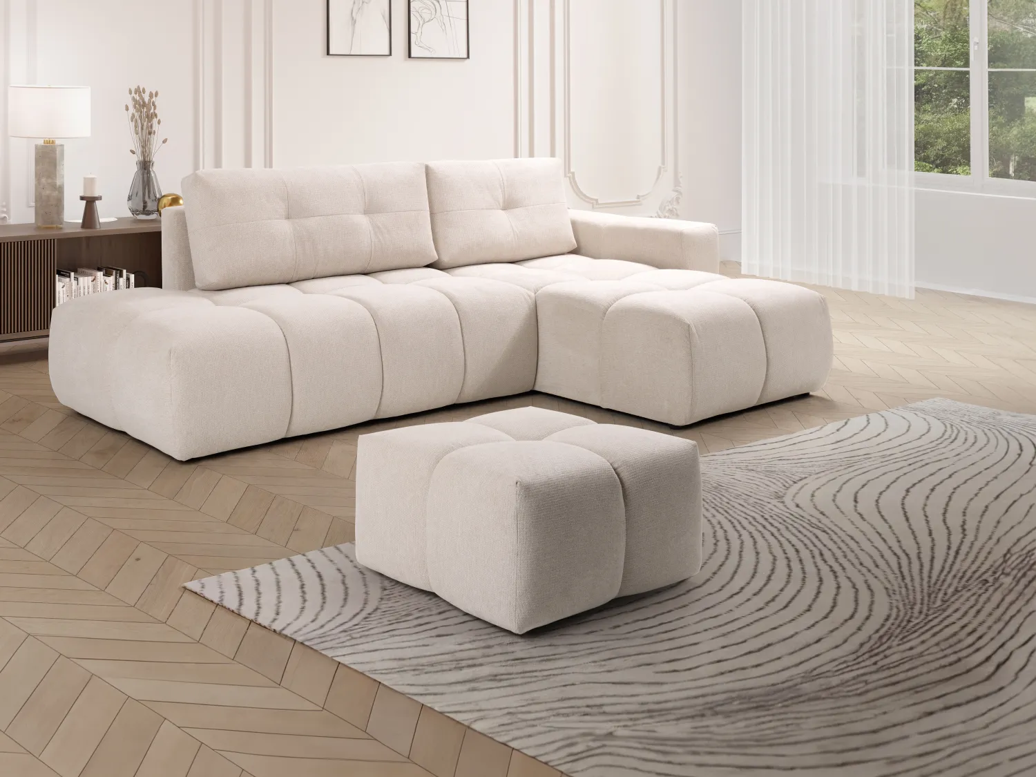 Puf cuadrado de tela beige TRIMALDI