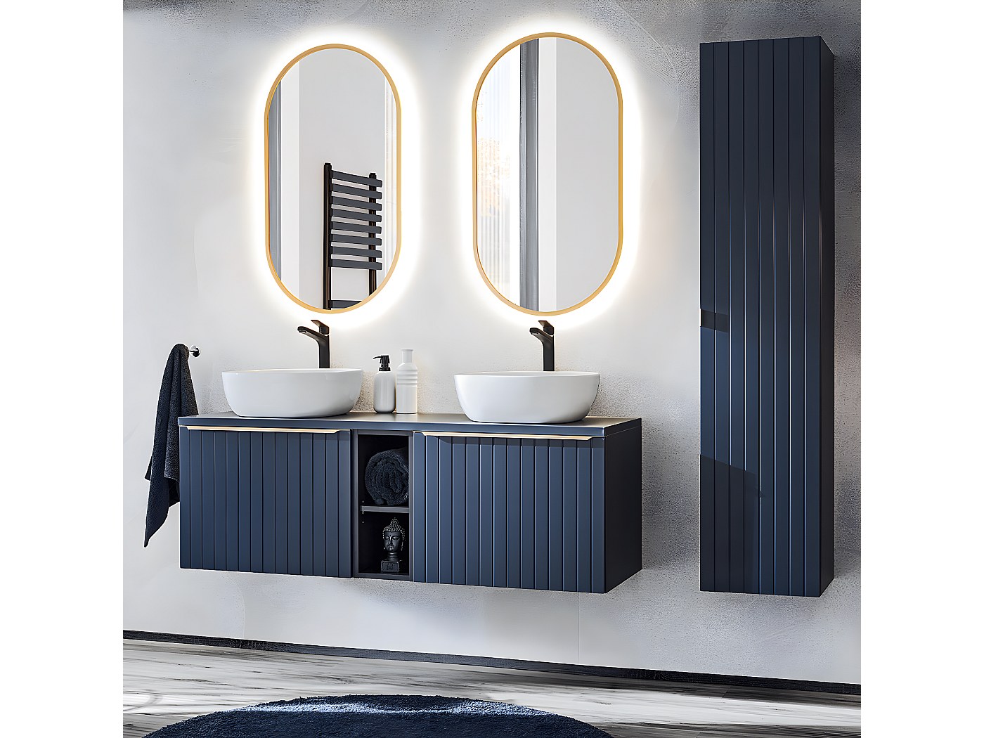 Meuble De Salle De Bain Double Vasque 140 Cm Ensemble meuble double vasque 140cm 2 niches et colonne Éros Bleu