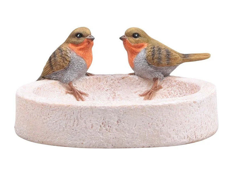 Bain oiseau en résine avec oiseaux 20 x 15 x 10.5 cm Rouge gorge