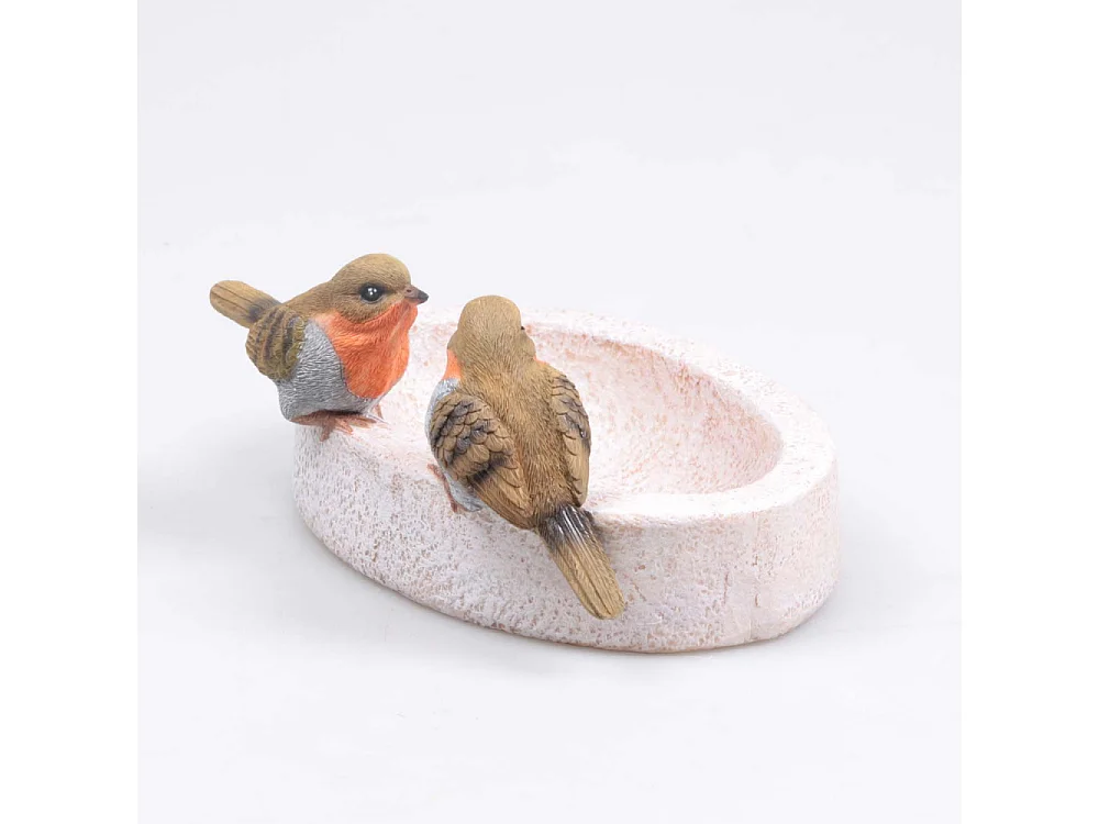 Bain oiseau en résine avec oiseaux 20 x 15 x 10.5 cm Rouge gorge