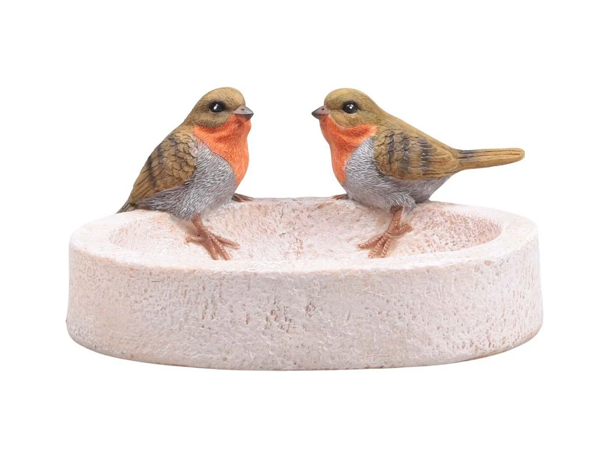 Bain oiseau en résine avec oiseaux 20 x 15 x 10.5 cm Rouge gorge