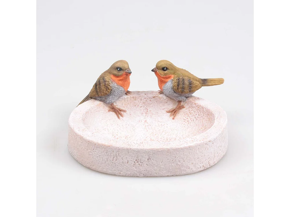 Bain oiseau en résine avec oiseaux 20 x 15 x 10.5 cm Rouge gorge