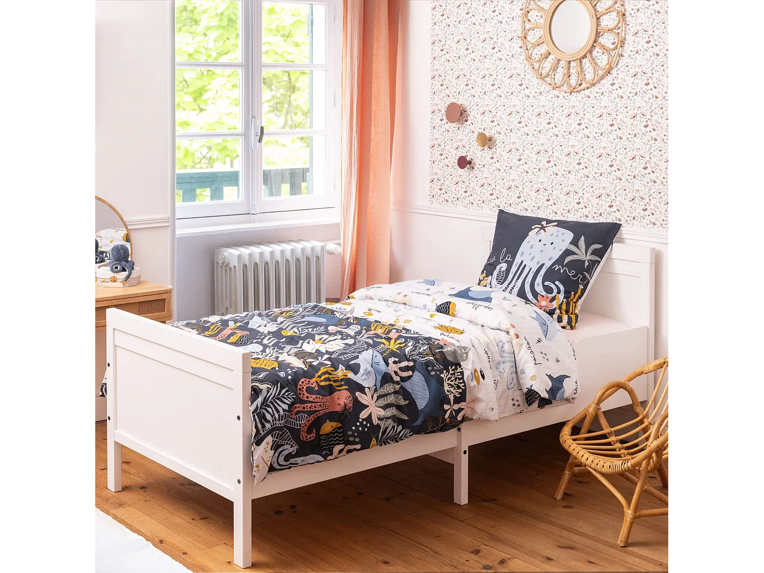 Parure de lit coton imprimé marin 140x200 cm bleu