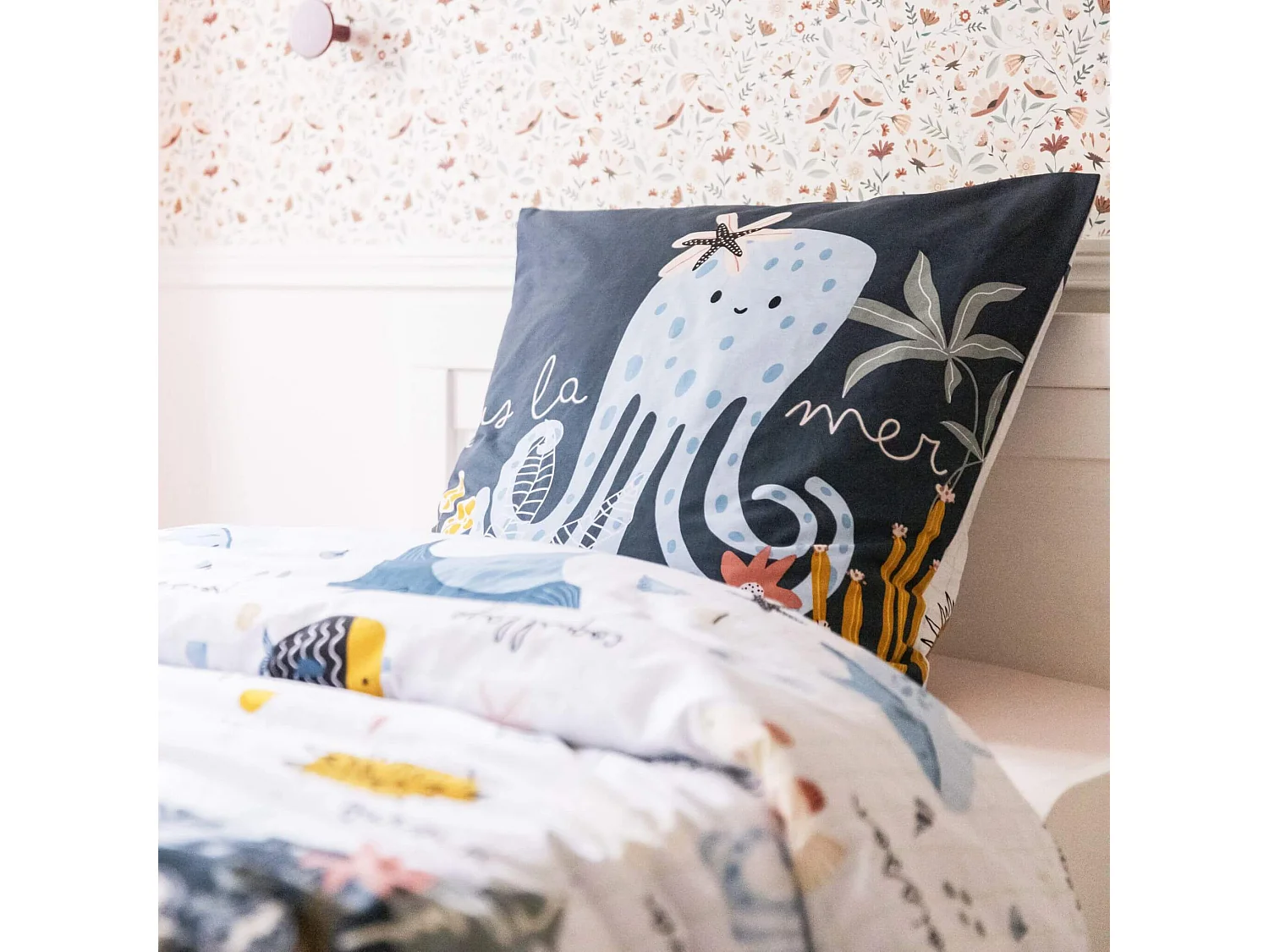 Parure de lit coton imprimé marin 140x200 cm bleu