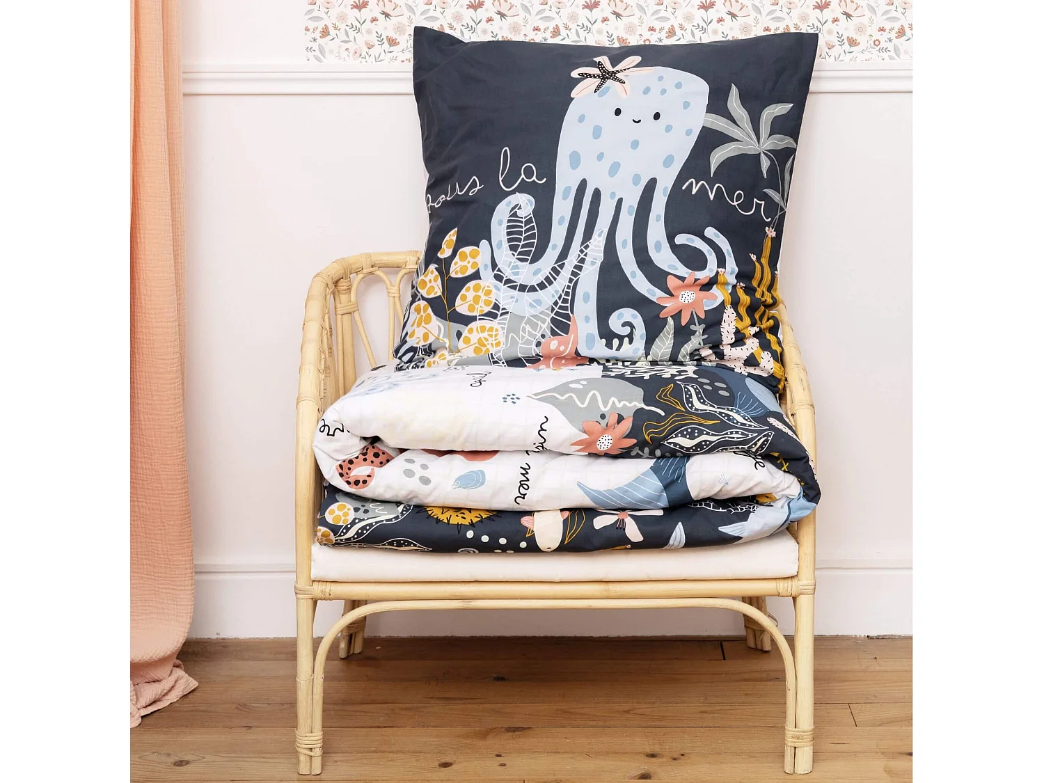 Parure de lit coton imprimé marin 140x200 cm bleu