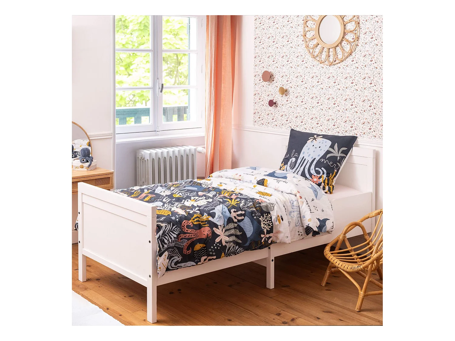 Parure de lit coton imprimé marin 200x200 cm bleu