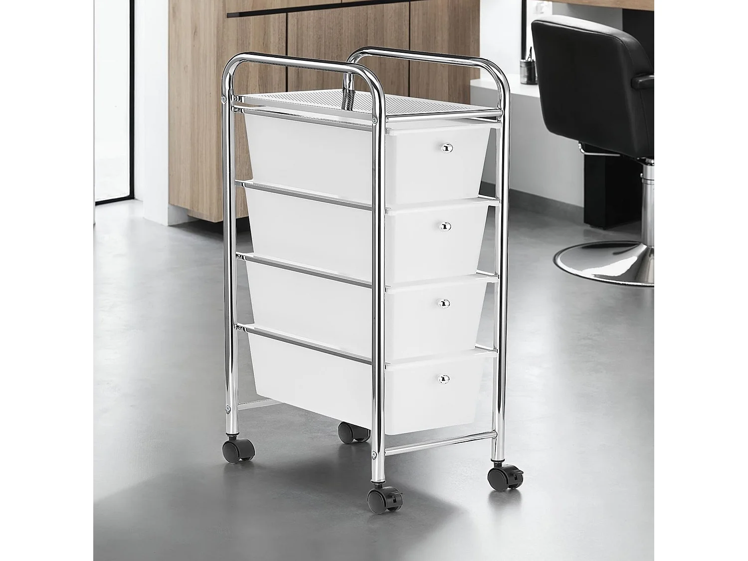 Caisson de rangement sur roulettes GINA, colonne 4 tiroirs et 1 étagère pour salle de bain ou bureau, en plastique et métal