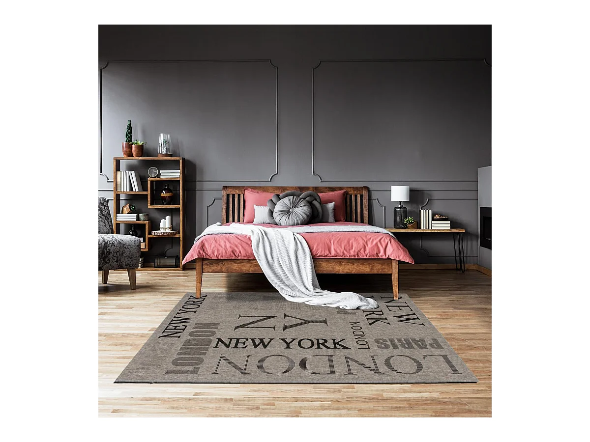 tapis salle à manger 200x290 tissé gris rectangle motif texte LYN45 FOUNTI