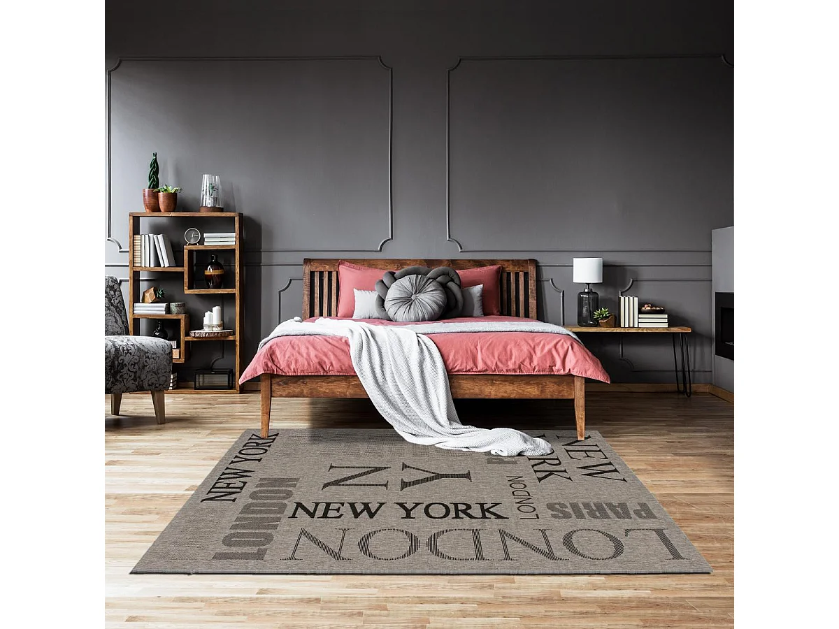 tapis salle à manger 200x290 tissé gris rectangle motif texte LYN45 FOUNTI