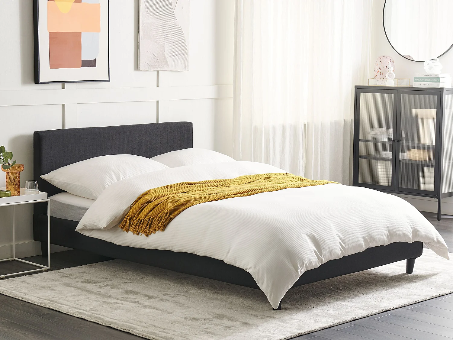 Modernes Doppelbett abnehmbarer Bettrahmenbezug Lattenrost 140 x 200 cm Stoff schwarz Leinenoptik Fitou