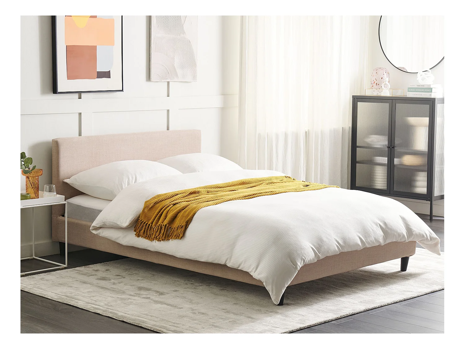 Modernes Doppelbett abnehmbarer Bettrahmenbezug Lattenrost 140 x 200 cm beige Leinenoptik Fitou