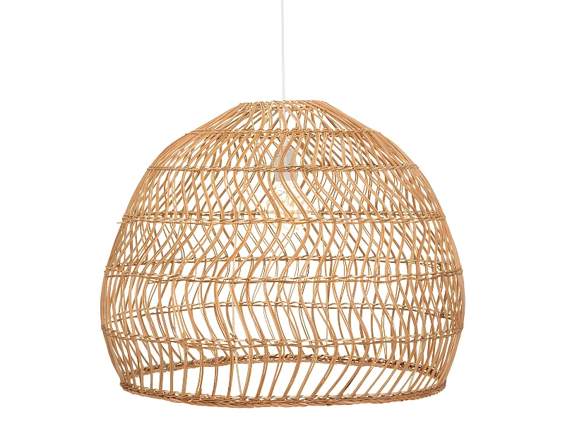 Lampe suspendue, Suspension luminaire en bois de rotin coloris beige et fer blanc