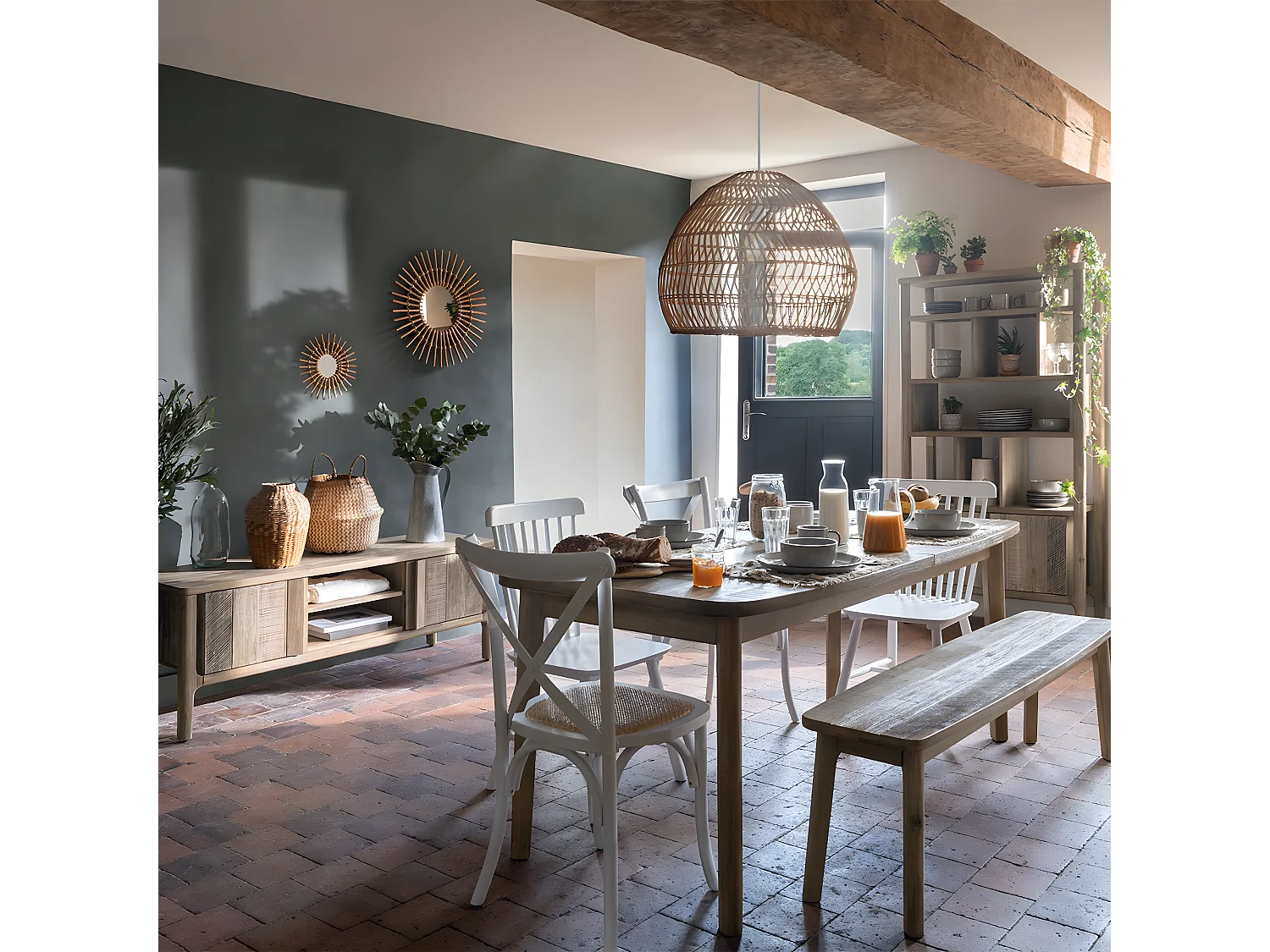 Lampe suspendue, Suspension luminaire en bois de rotin coloris beige et fer blanc