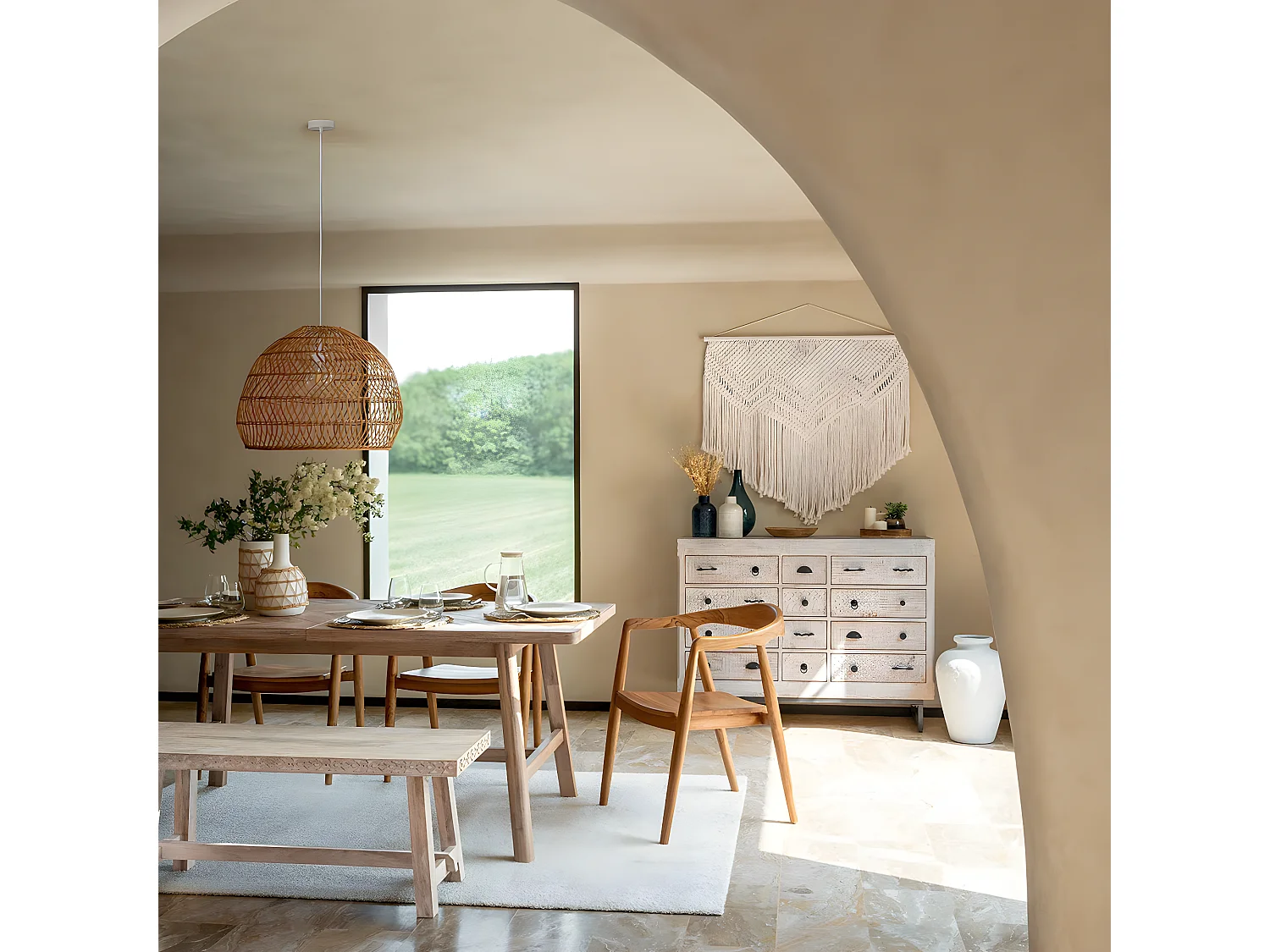 Lampe suspendue, Suspension luminaire en bois de rotin coloris beige et fer blanc