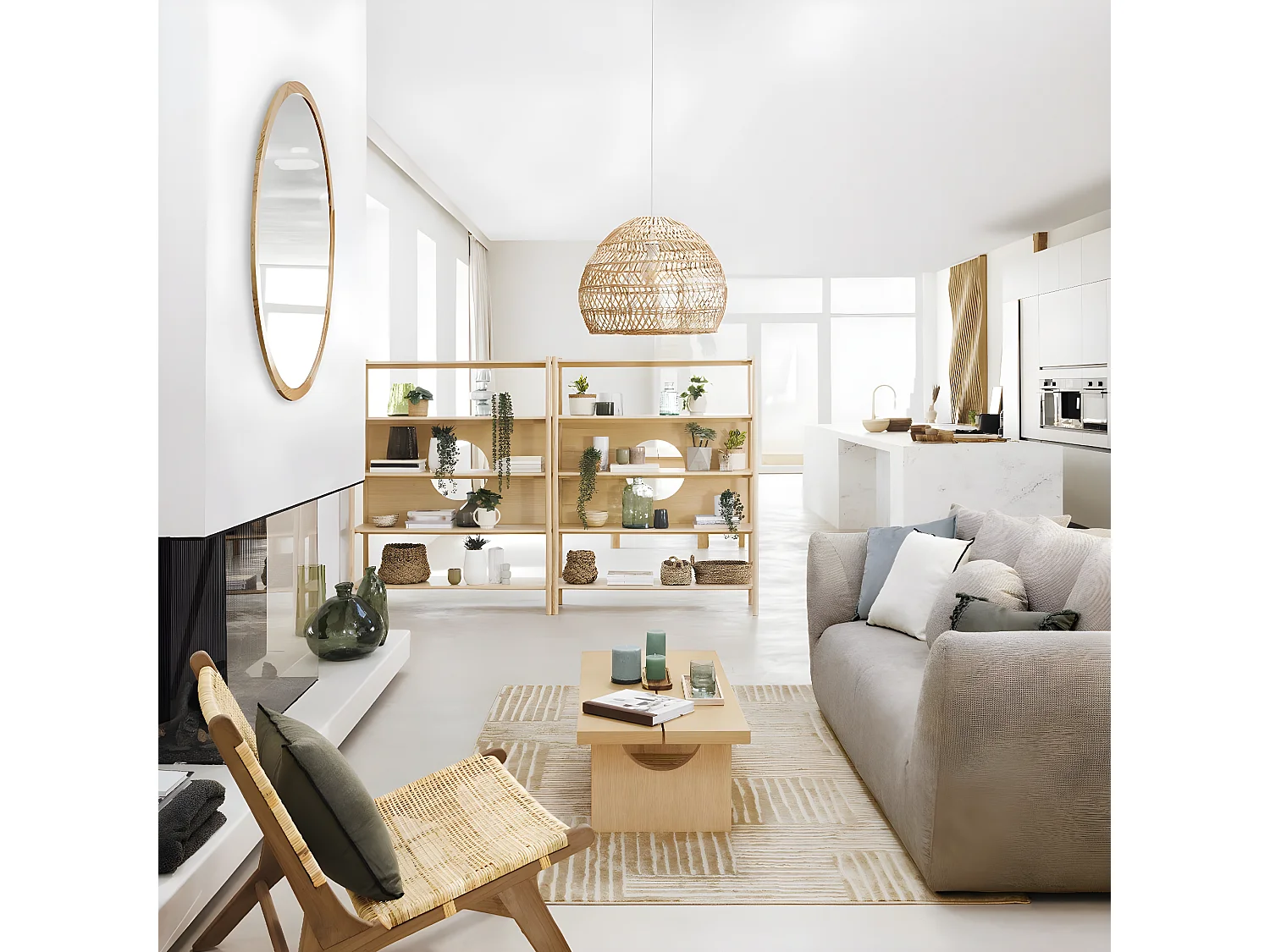 Lampe suspendue, Suspension luminaire en bois de rotin coloris beige et fer blanc