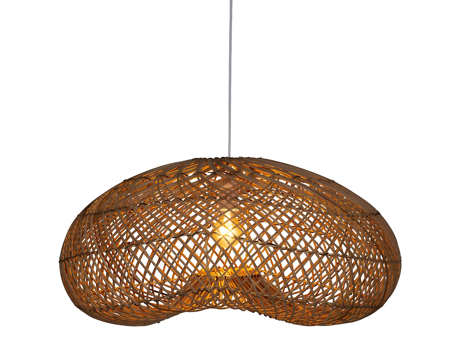 Lampe suspendue, Suspension luminaire en bois de rotin coloris beige et métal blanc