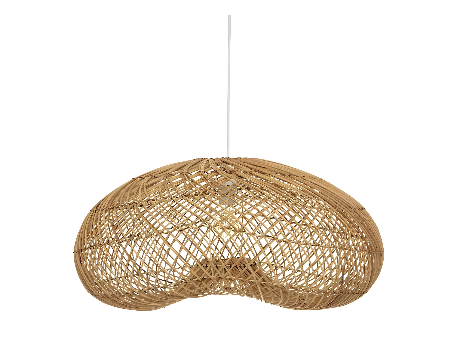 Lampe suspendue, Suspension luminaire en bois de rotin coloris beige et métal blanc