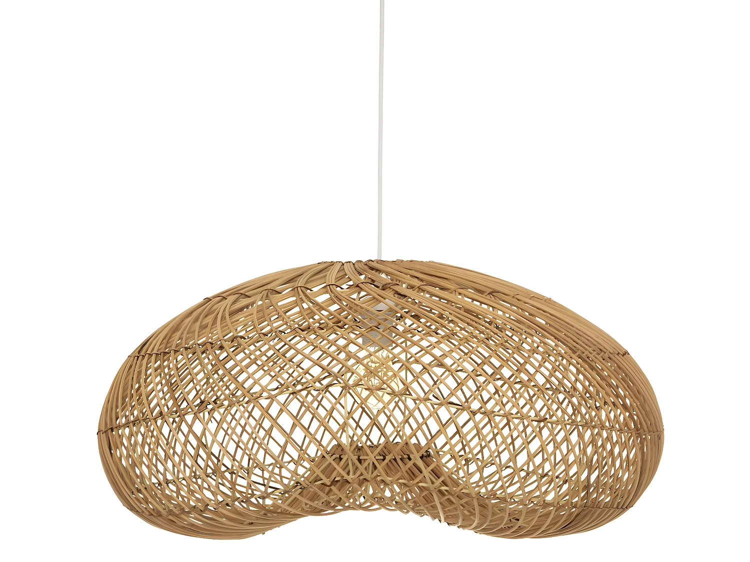 Lampe suspendue, Suspension luminaire en bois de rotin coloris beige et métal blanc
