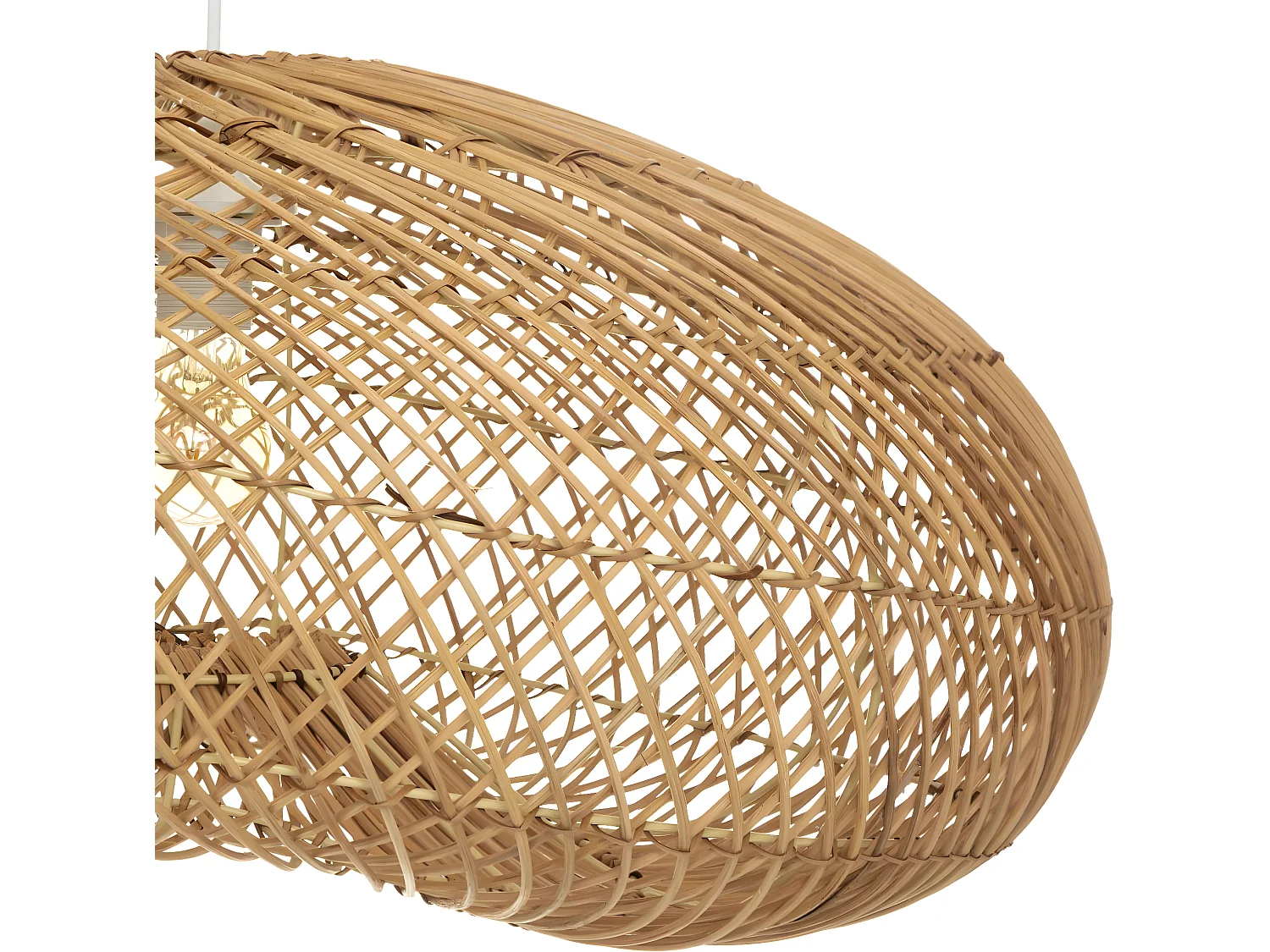 Lampe suspendue, Suspension luminaire en bois de rotin coloris beige et métal blanc