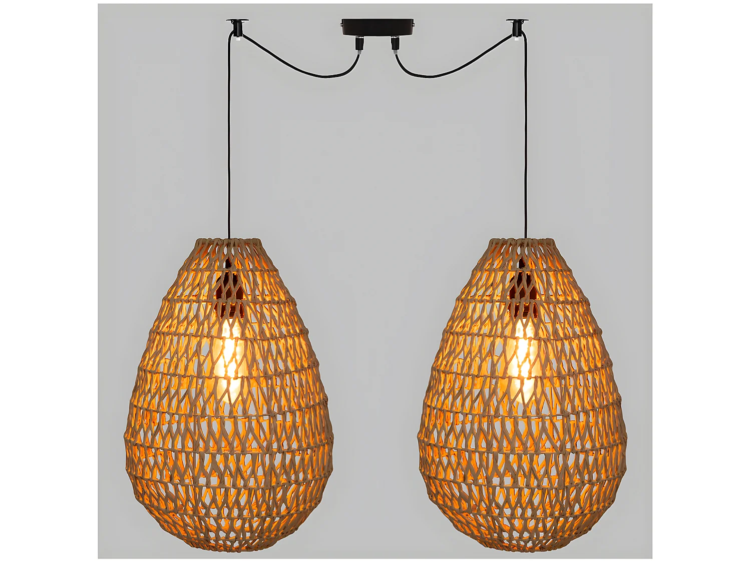 Lot de 2 lampes suspendues coloris beige et métal noir - diamètre  28 x hauteur 41 cm