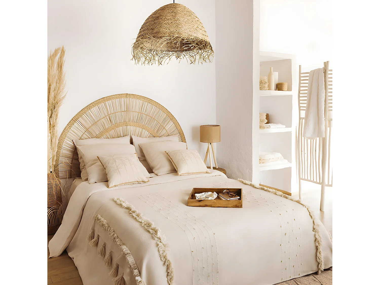 Lampe suspendue, Suspension luminaire coloris naturel et métal noir - D. 56 x H. 30  cm