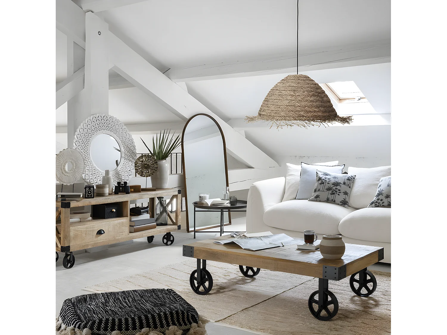 Lampe suspendue, Suspension luminaire coloris naturel et métal noir - D. 56 x H. 30  cm