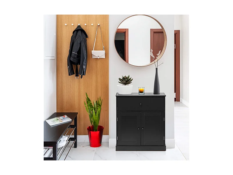 Meuble Bas Gain de Place avec Tiroir 2 Portes Noir Polyvalent